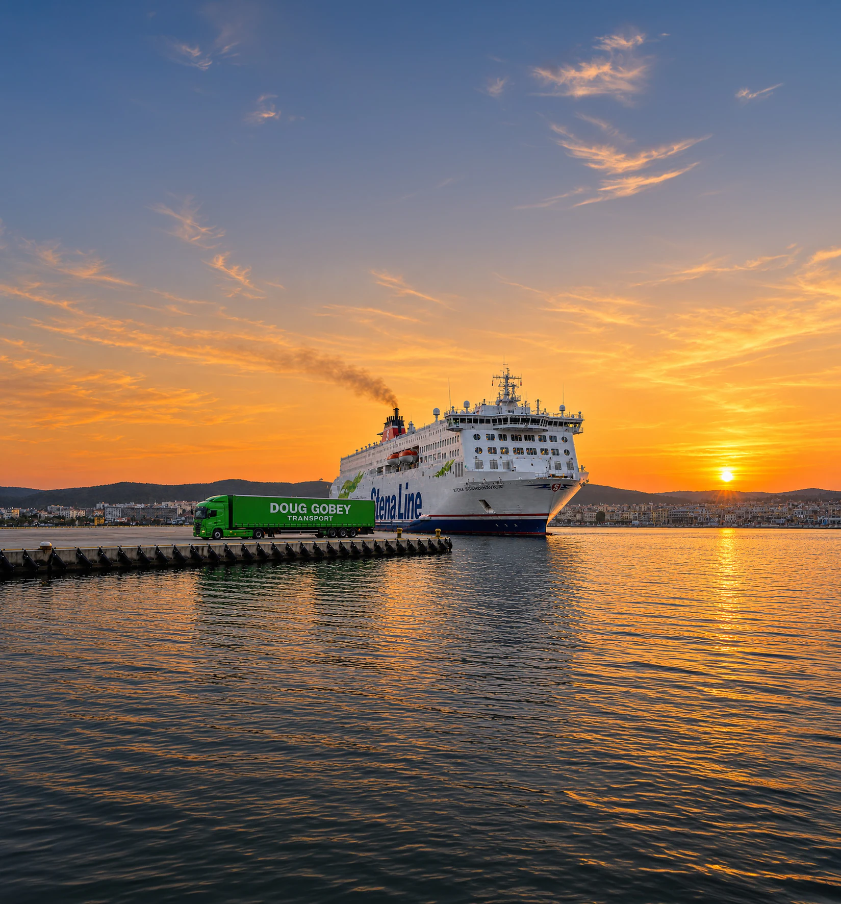 Doug Gobey lorry on the quayside beside a ferry at sunset