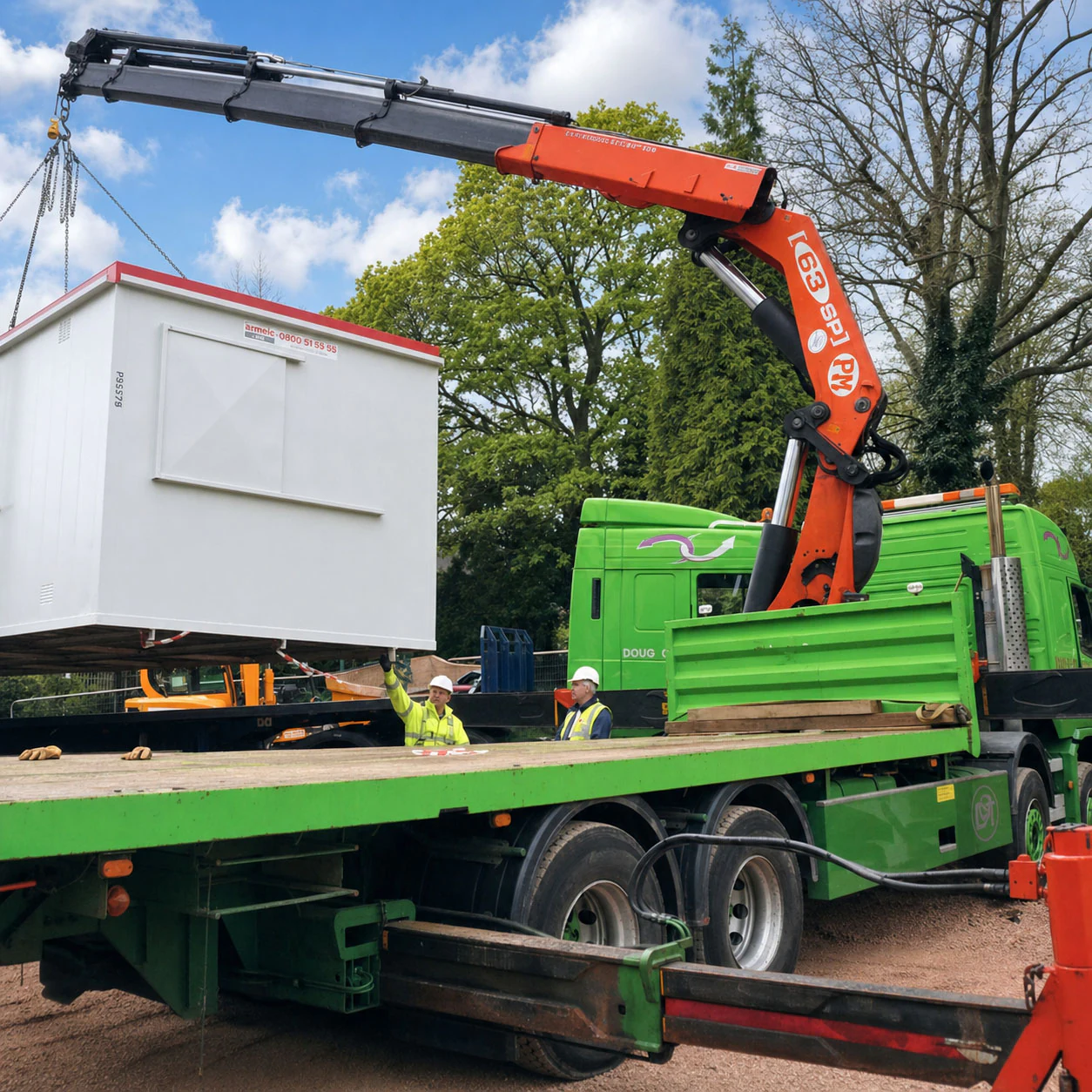 Doug Gobey crane vehicle lowering a site cabin onto a flatbed trailer, supervised by two banksmen