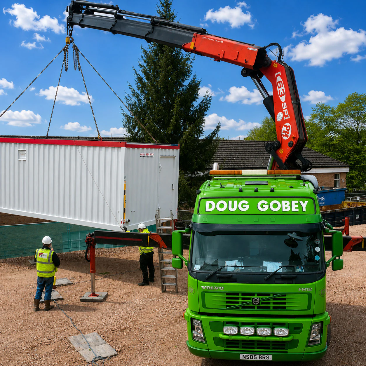 Doug Gobey crane lorry lifting a portable site cabin into place