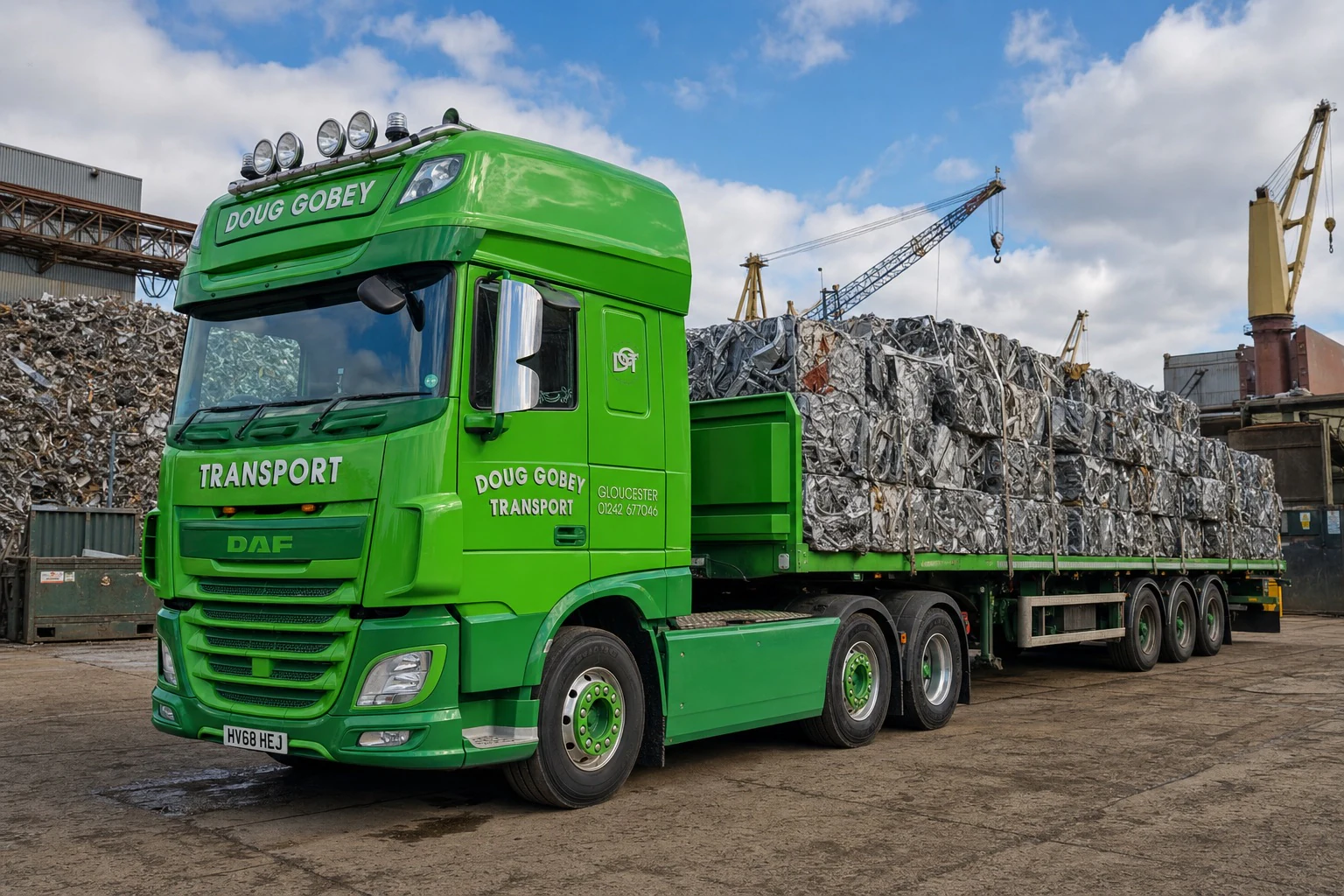Doug Gobey flatbed lorry loaded with baled scrap metal at a recycling yard