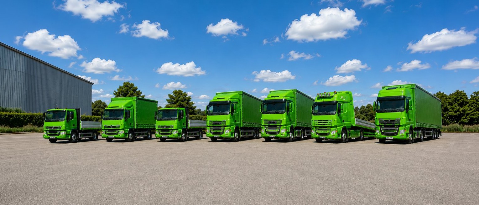 Seven lime green Doug Gobey lorries lined up in the depot yard, from a 3.5-tonne dropside to a 44-tonne artic